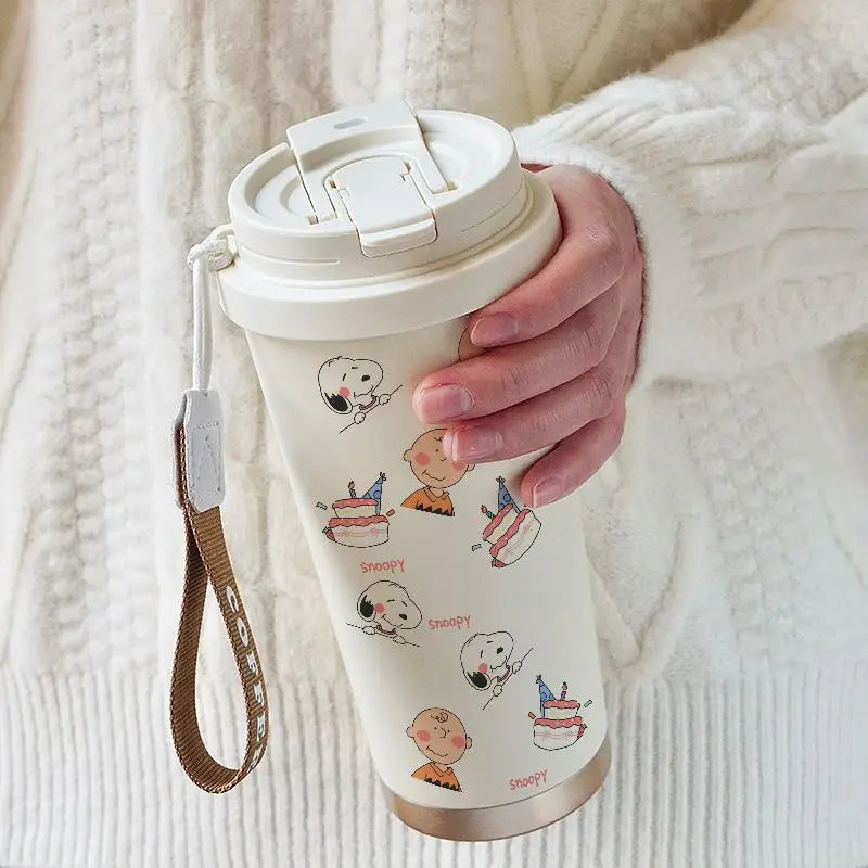 Cartoon Cute Snoopy Anime Peripheral Thermos Cup Women's Heart Stainless Steel Large Capacity Coffee Cup Straw Water Cup Gift Good Vibrations