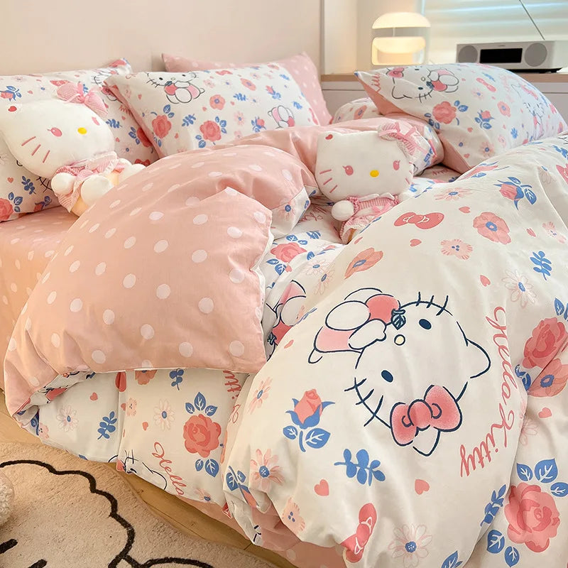 Sanrio 100% Cotton Bedding Set Cute Hello Kitty Kuromi Melody King Queen Pillowcase Bed Linens Girl Dorm Bedclothes Home Textile Good Vibrations