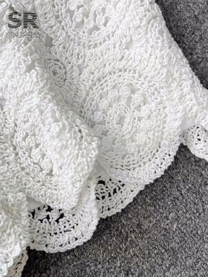 SINGREINY Knit Two Piece Sets Women Summer Vacation Backless Camisole Elastic Waist Shorts Hollow Out Y2K Beach Style Suits Good Vibrations