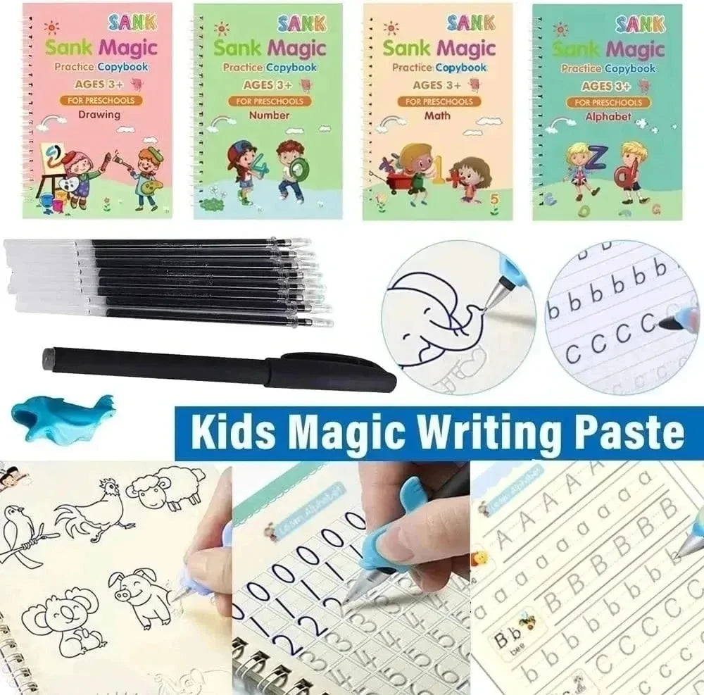 4 Books Montessori SANK English Magic Copybook Reusable Writing Practice 3D Calligraphy Book Wipe-free Education Books Good Vibrations