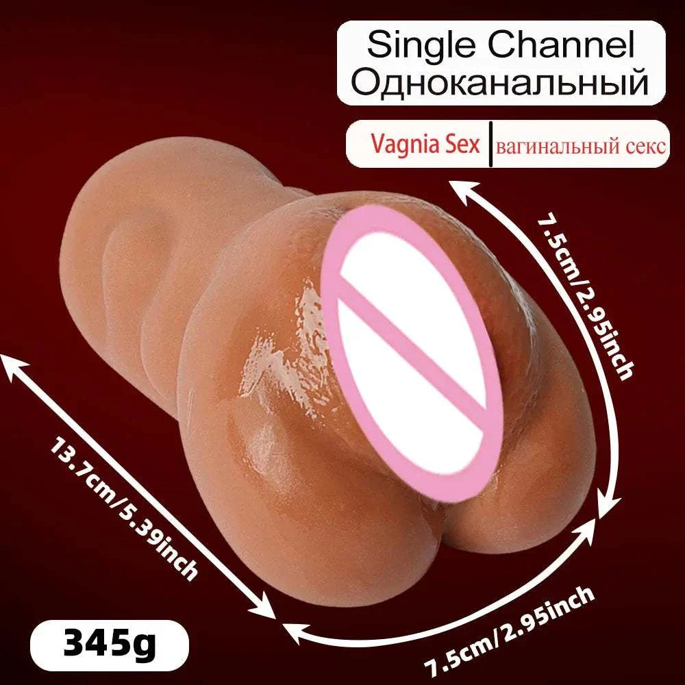 Realistic brown flesh male masturbator with single channel design, TPE material, and 345g weight.