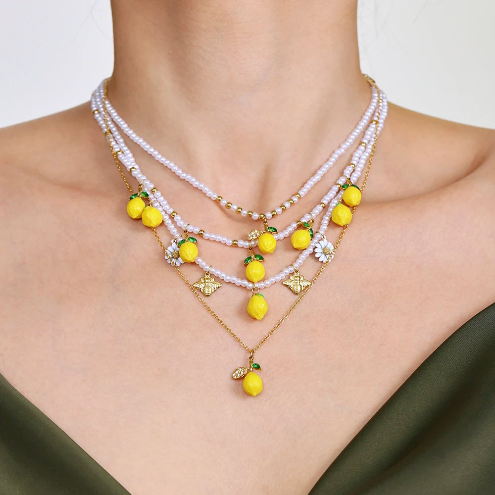 Nivora Resin Fruit Lemon Pendant Necklace For Women Imitation Pearl Stainless Steel Zircon Handmade Strand Beads Choker Jewelry Good Vibrations