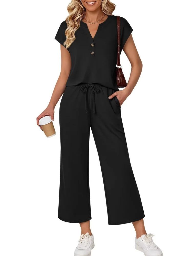 Women 2 Piece Outfit Set V Neck Button Short Sleeve T Shirt Drawstring Wide Leg Capri Pants Casual Loose Tracksuit Loungewear Va Good Vibrations