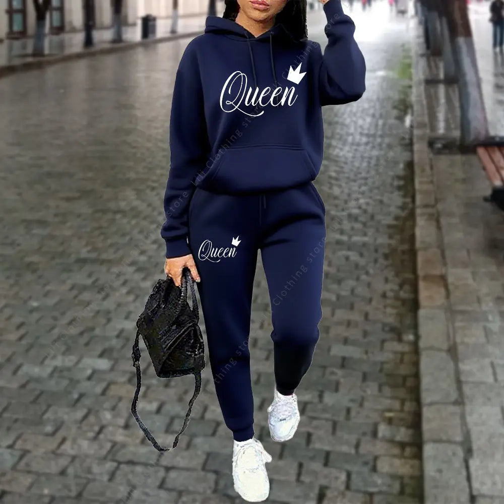 Queen Letter Graphic Print Women's Sets Hoodies Pants 2pcs Suit Autumn Winter Sports Jogging High quality Aesthetic Tracksuit Good Vibrations