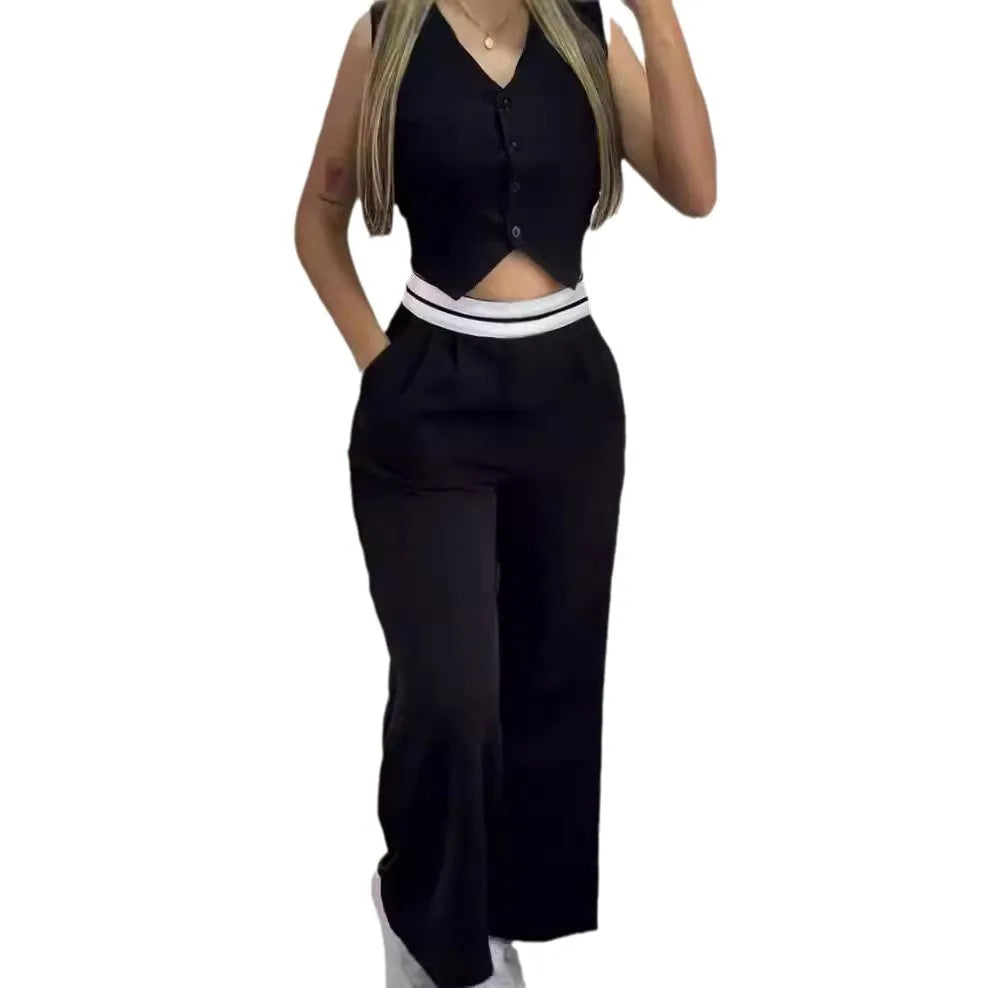 Women's Sexy Black 2 Piece Sets Fashion Hot Girls Wear Contrasting Color V-neck Waistcoat  Wide-leg Trousers Casual Suits Women Good Vibrations