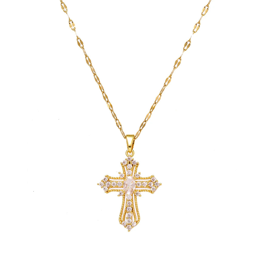 Women's European & American Retro Cross Pendant Necklace Stainless Steel Collarbone Chain Fashionable Light Luxury Jewelry Good Vibrations