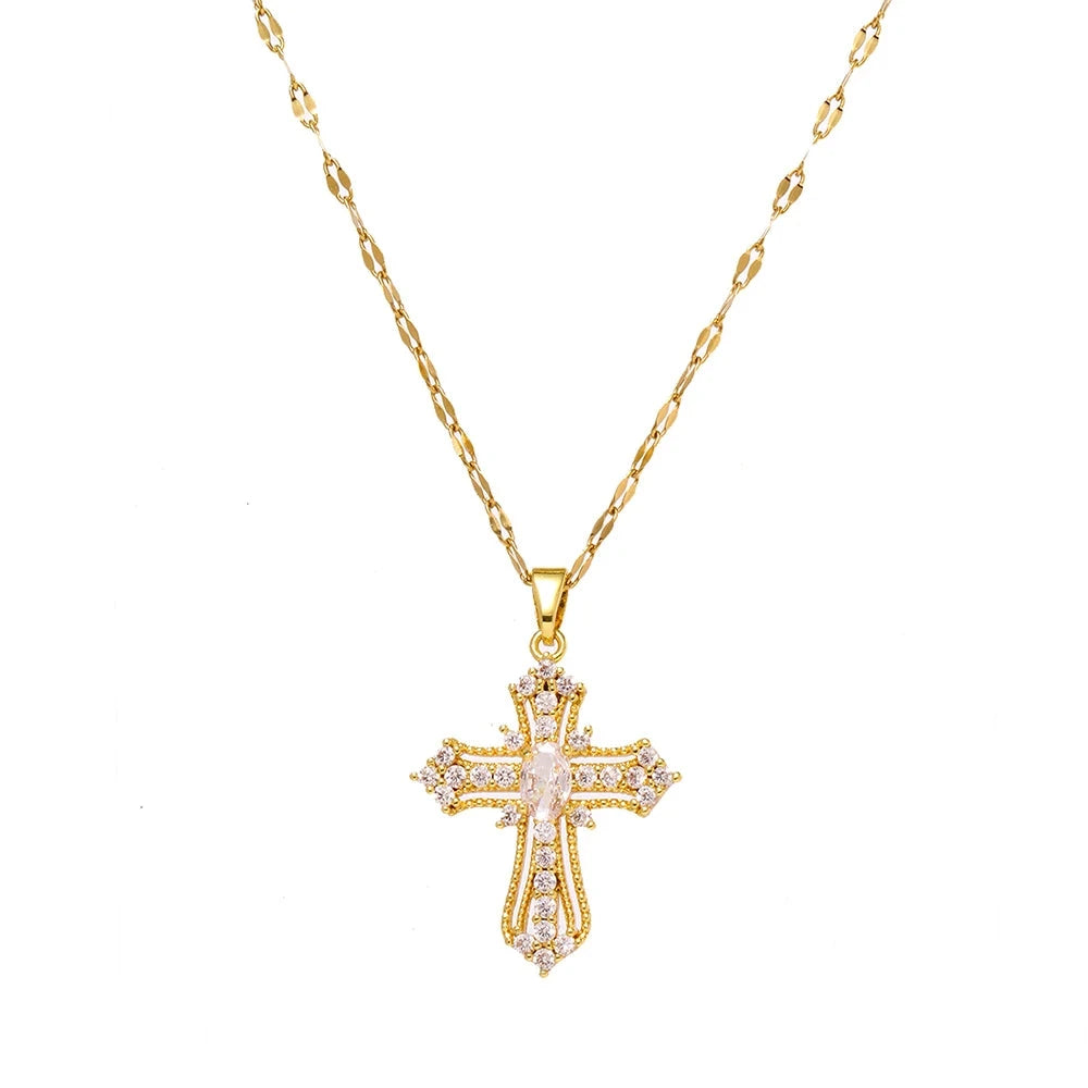 Women's European & American Retro Cross Pendant Necklace Stainless Steel Collarbone Chain Fashionable Light Luxury Jewelry Good Vibrations