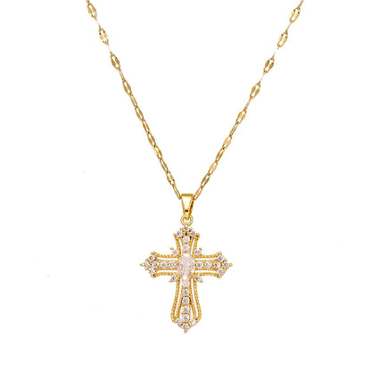 Women's European & American Retro Cross Pendant Necklace Stainless Steel Collarbone Chain Fashionable Light Luxury Jewelry Good Vibrations