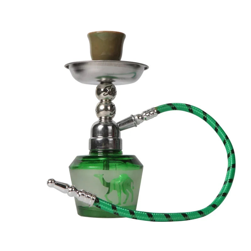 Mini glass shisha set with single hose and ceramic bowl, portable hookah kit.