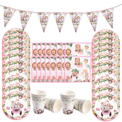 Pink Jungle Safari Birthday Decorations Animal Disposable Tableware Forest Woodland Baby Shower for Girl Birthday Party Supplies