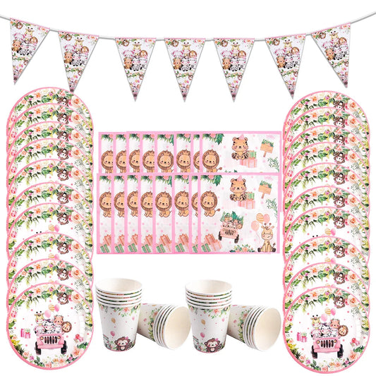 Pink Jungle Safari Birthday Decorations Animal Disposable Tableware Forest Woodland Baby Shower for Girl Birthday Party Supplies Good Vibrations