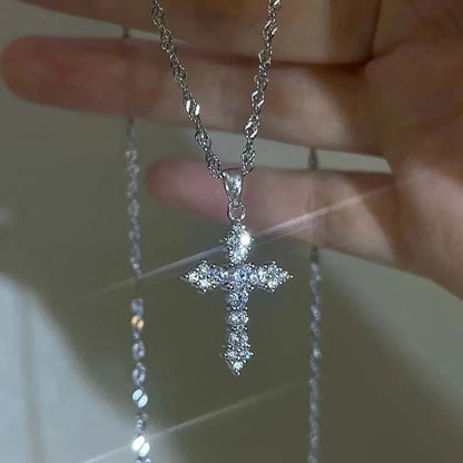 Shiny Crystal Zircon Cross Pendant Necklace for Women Girls Punk Silver Color Thin Chain Necklace Party Jewelry Birthday Gift Good Vibrations
