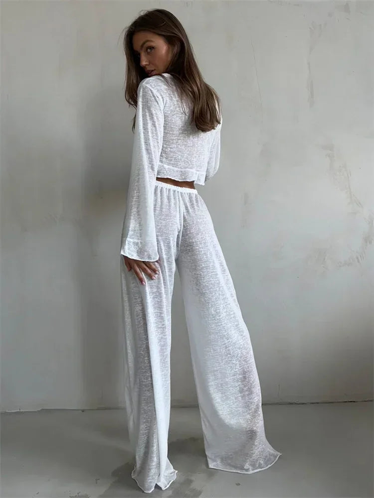 Casual Fashion 2 Piece-Set Trousers For Women V-Neck Lace-Up Long Sleeve Top And High Waist Women's Pants Outfits Female Good Vibrations