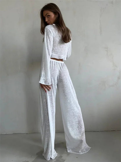 Casual Fashion 2 Piece-Set Trousers For Women V-Neck Lace-Up Long Sleeve Top And High Waist Women's Pants Outfits Female Good Vibrations