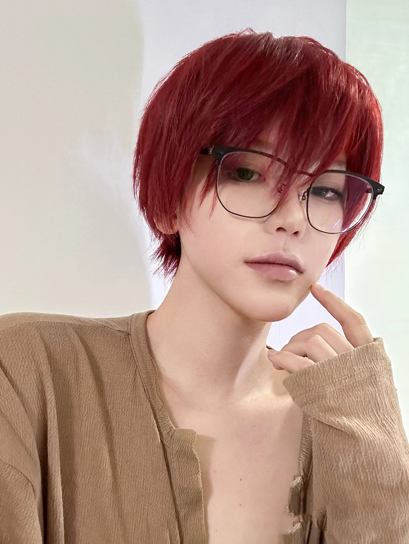 8Inch Wine Red Color Handsome Synthetic Wigs With Bang Short Straight Hair Wig For Man or Women Daily Use Cosplay Heat Resistant Good Vibrations