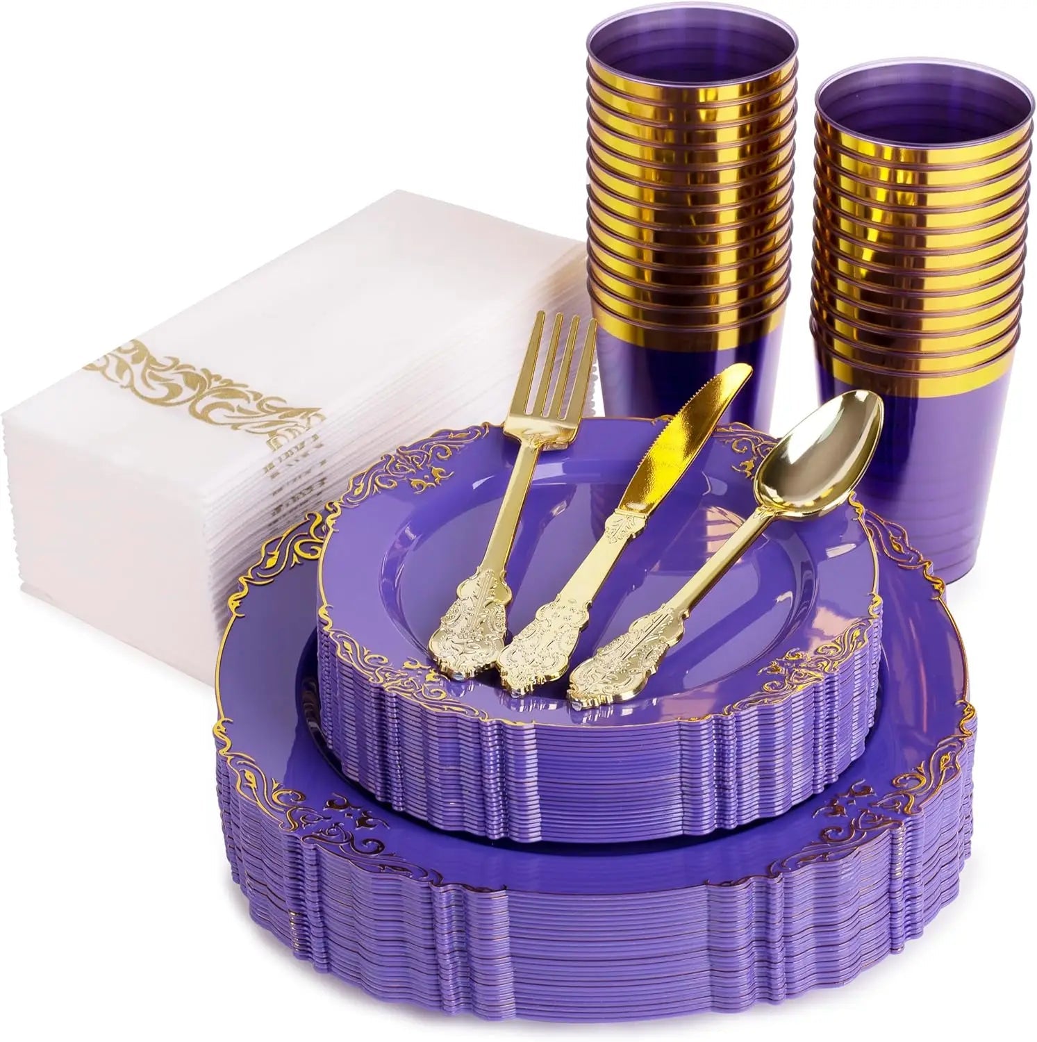 Plates Disposable, 50 Plastic Maroon Plates, Red Plastic Dinnerware Set, 25 10oz Cups, 75 Gold Cutlery, 25 Gold Napkins Good Vibrations
