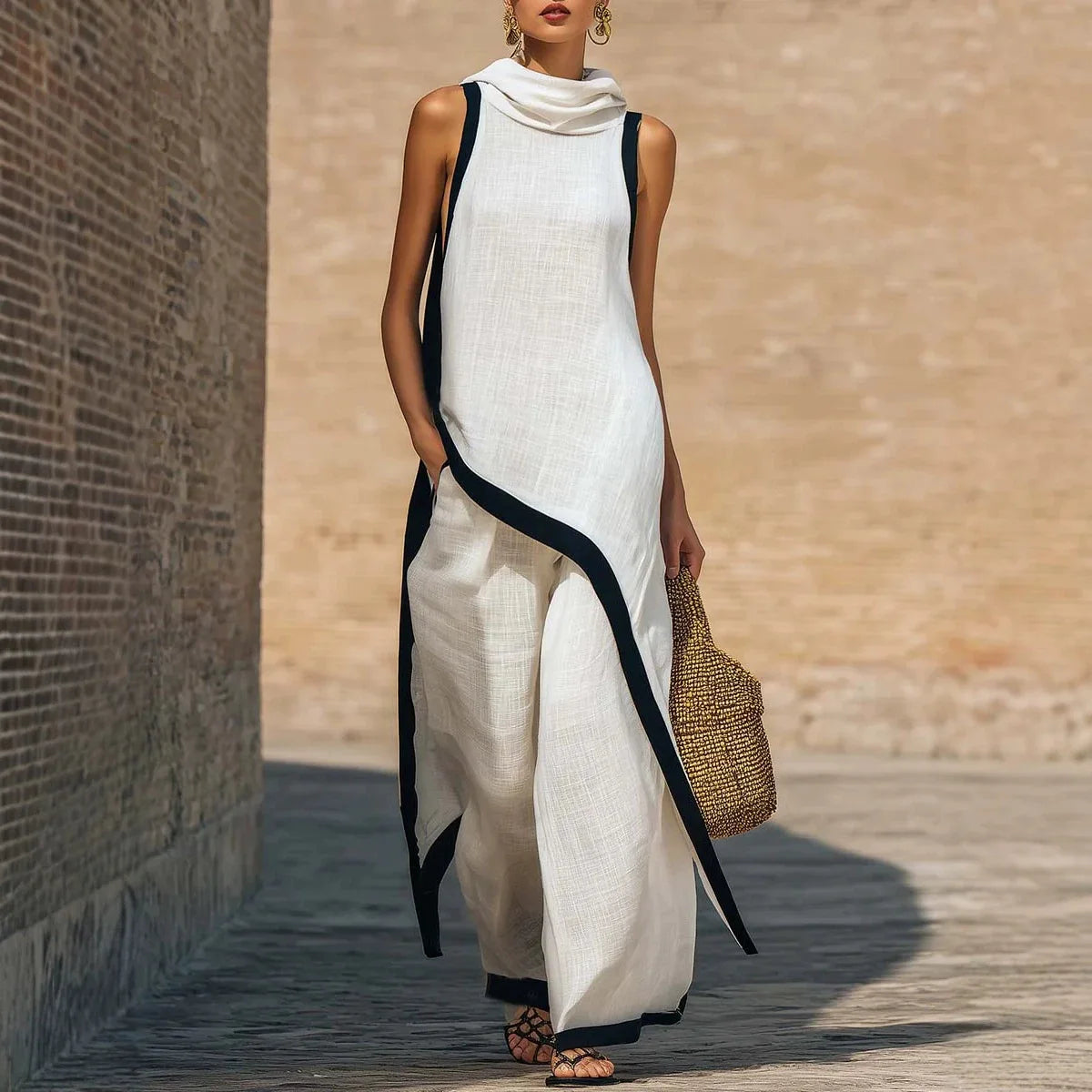 2026 New European American Women's Two-Piece Set: Solid Sleeveless Blouse with High Waist Pants, Elegant Casual Matching Outfit Good Vibrations