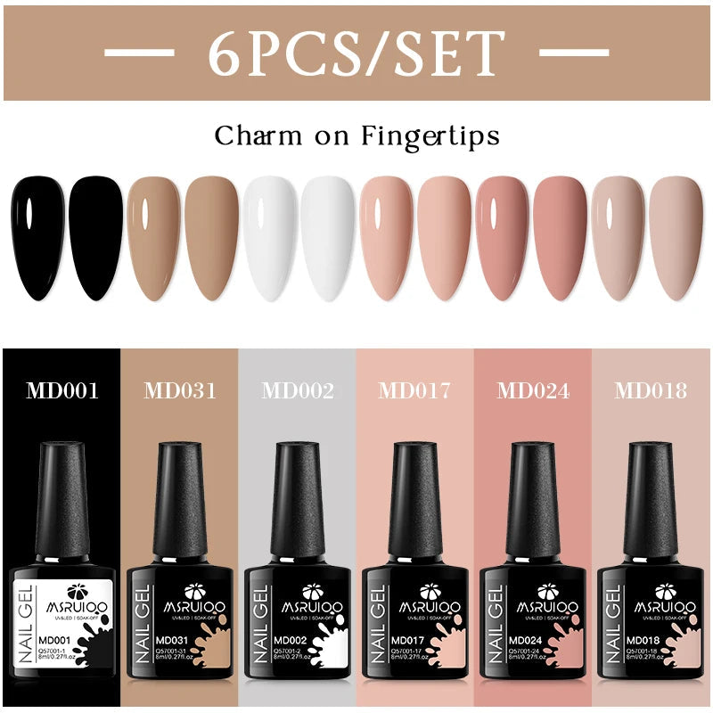 MSRUIOO 6pcs Nude Pink Gel Nail Polish Set Glitter Colorful Semi Permanent UV Gel Kits DIY Nail Art Painting Varnish Manicure Good Vibrations