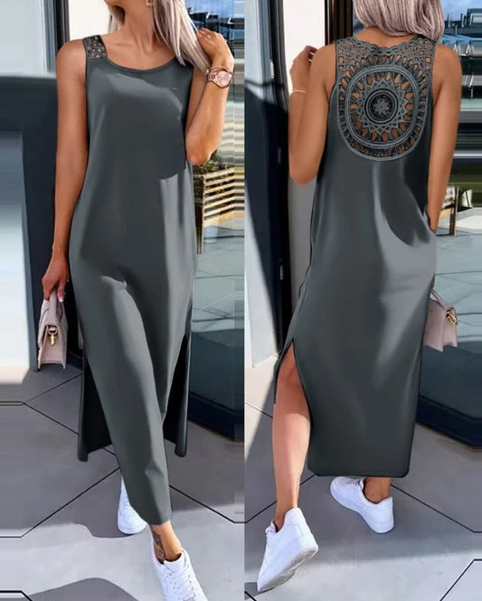 Womens Dresses 2024 Summer Fashion Slit Hollow-Out Casual Plain Round Neck Sleeveless Daily Straight Mid-Calf Dress Good Vibrations