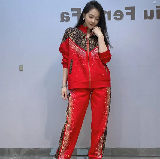Diamonds Leopard Print Patchwork 2 Piece Sets Womens Outfits Casual Tracksuit Women Autumn Loose Cardigan Side Stripe Pant Suits Good Vibrations