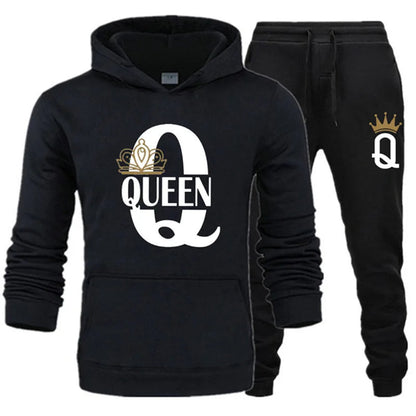 2024 New Autumn and Winter Men's and Women's Sweater Set KING QUEEN Loose Relaxed Hooded Print Couple Set Good Vibrations