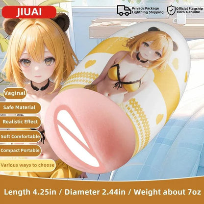 Portable male masturbator with anime design, soft TPE material, compact and realistic effect.