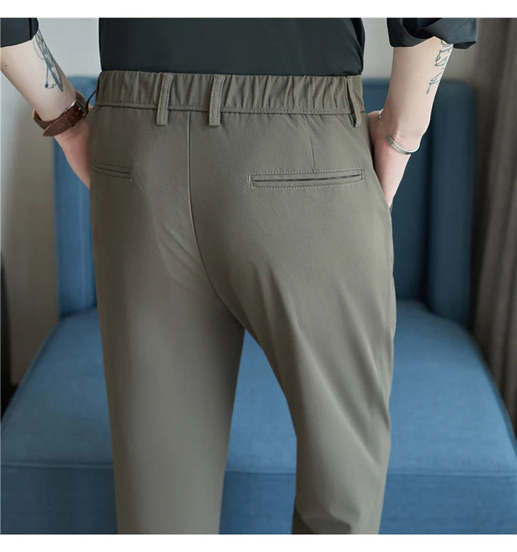 Men Straight Leg Suit Pants Summer Ice Silk Lightweight Elastic Waist Casual Loose Wide-leg Trousers Dress Pants Men Clothing