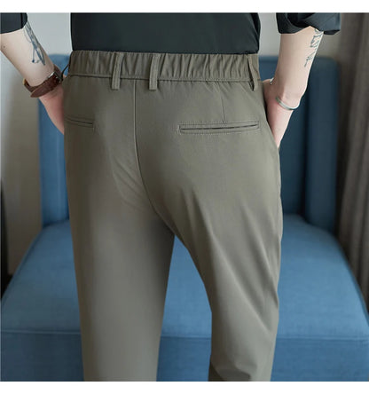 Men Straight Leg Suit Pants Summer Ice Silk Lightweight Elastic Waist Casual Loose Wide-leg Trousers Dress Pants Men Clothing