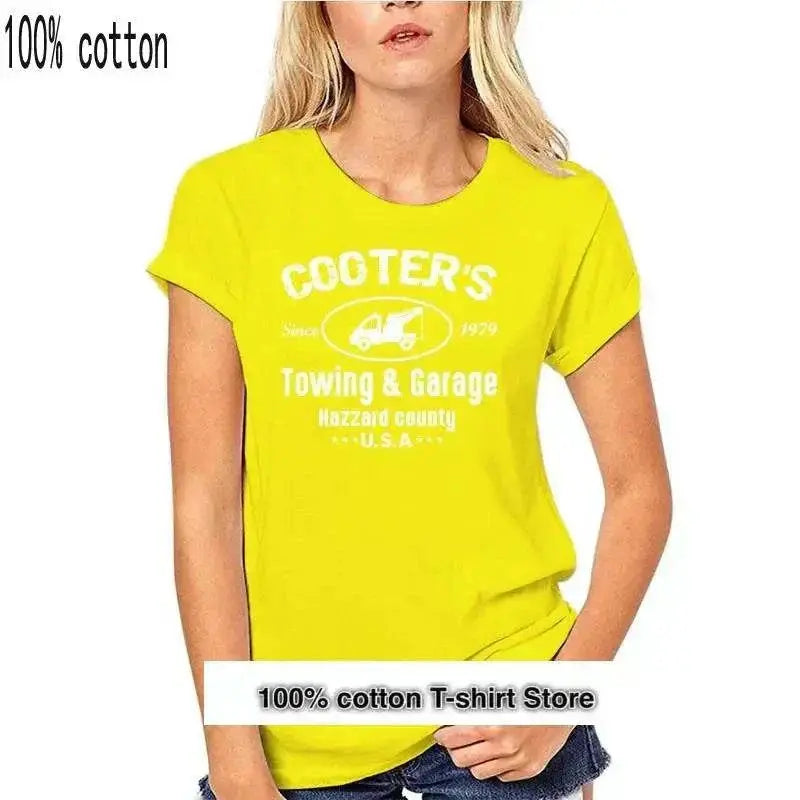 Yellow "Cooter's Towing & Garage" printed t-shirt, casual, 100% cotton.