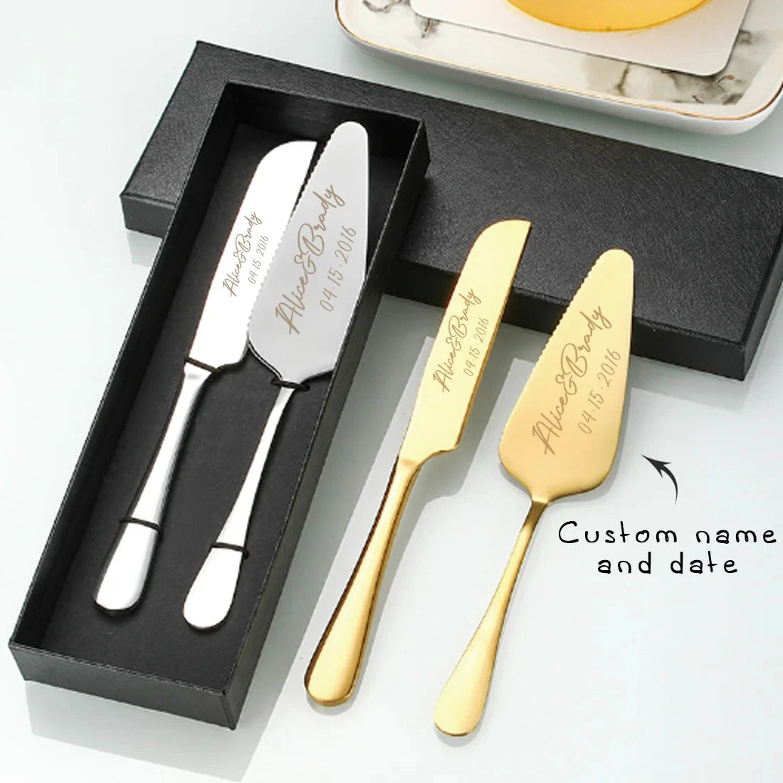 2pc custom engraved stainless steel cake knife set gift box, suitable for weddings, birthdays, all kinds of parties Good Vibrations