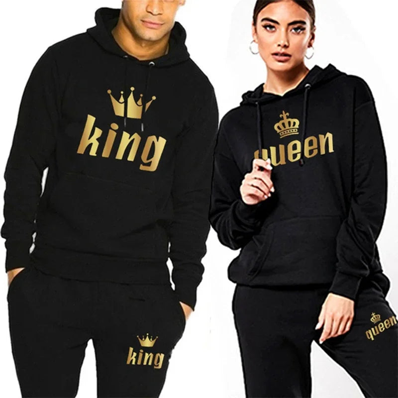 King And Queen Couple Outfit Hoodie and Jogger Pants High Quality Men Women Daily Casual Sport Jogging Suit King Queen Tracksuit Good Vibrations