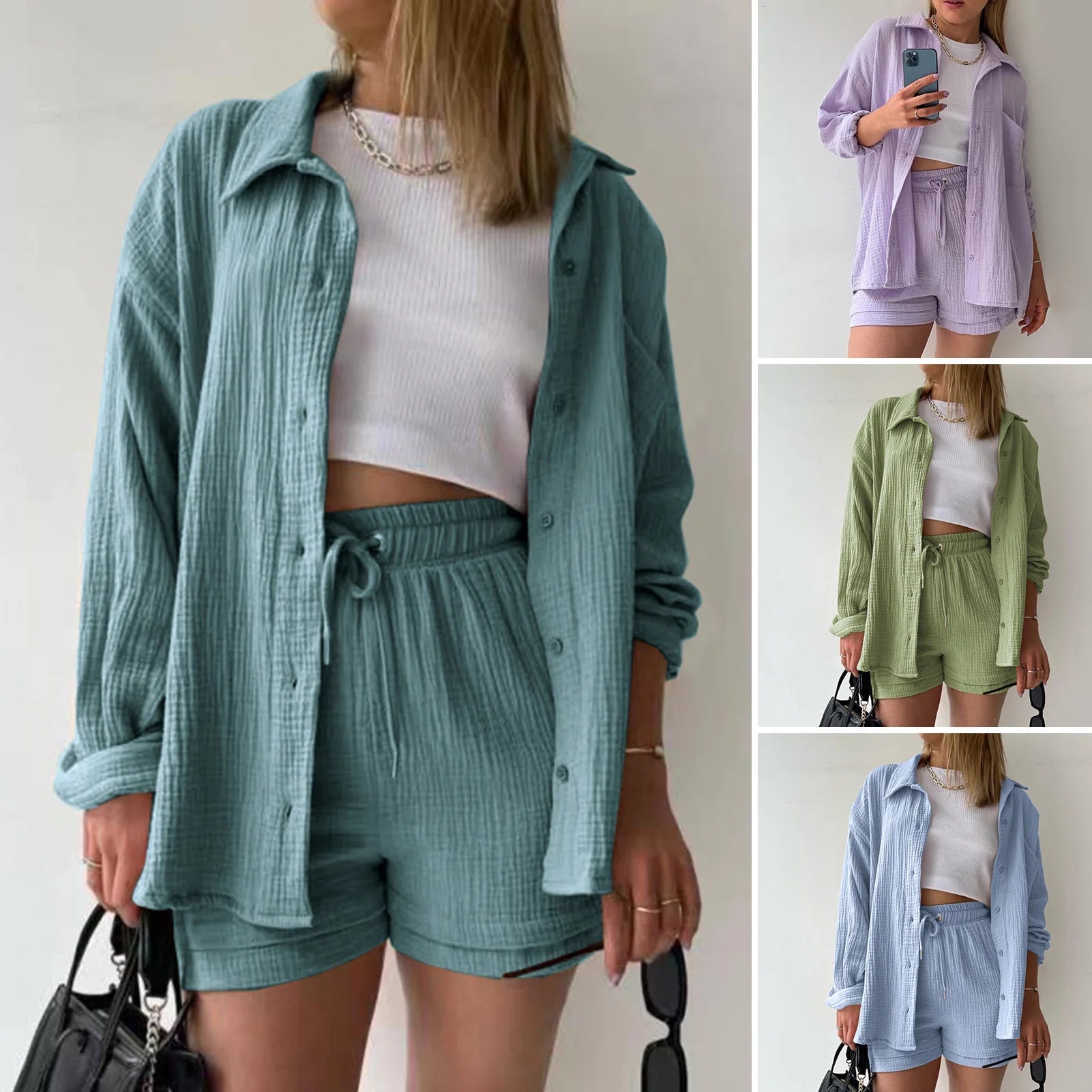 Women Summer Outfit Muslin Blouse Coat 2 Piece Clothing Women's Elegant Beach Holiday Women Set Female Coat Loose Suit Good Vibrations