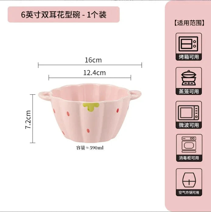 Cute Strawberry Ceramic Bowl Set For Home Use High Aesthetic Instant Noodles Salad Dessert Dining Tableware Kitchen Supplies Good Vibrations