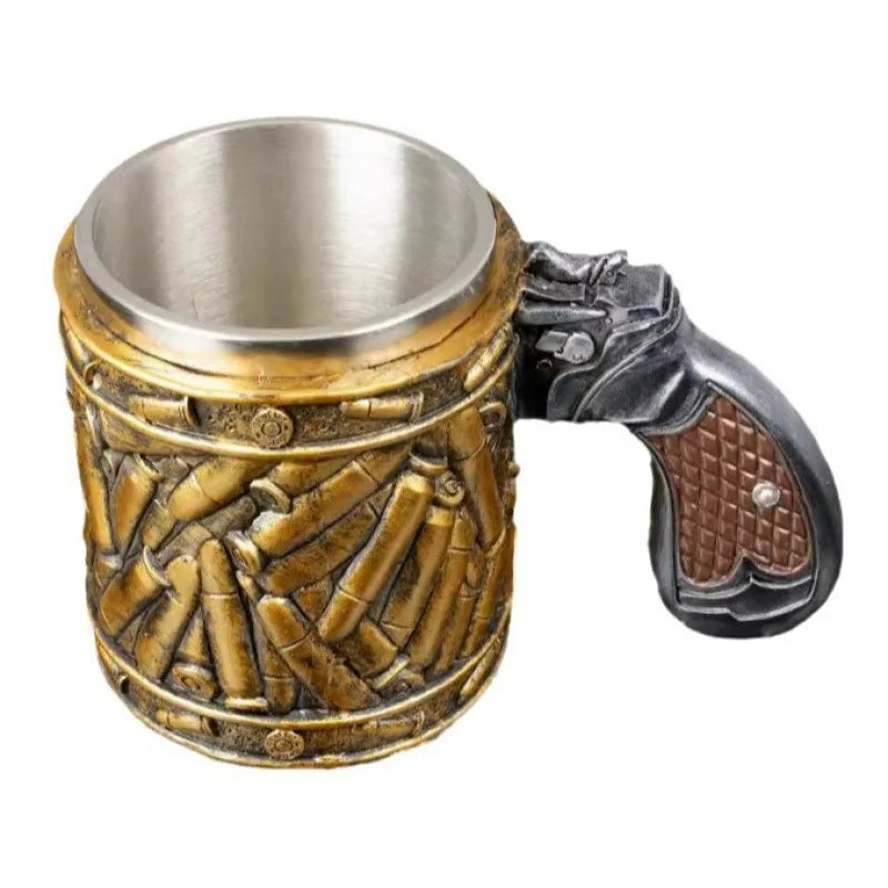 Gun Mugs Revolver Gun Tankard Beer Mug Ammo Bullet Resin Stainless Steel Inner Coffe Water Cup Stein Viking Mug Halloween Gift Good Vibrations