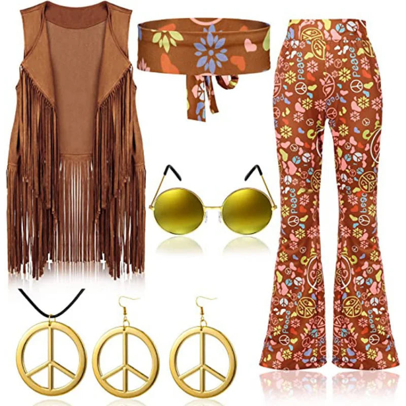 Halloween Hippie Costume Women's Set for Carnival 70s Clothing Accessories Six-Piece Set Tassel Vest+Pants+Headband Set Good Vibrations