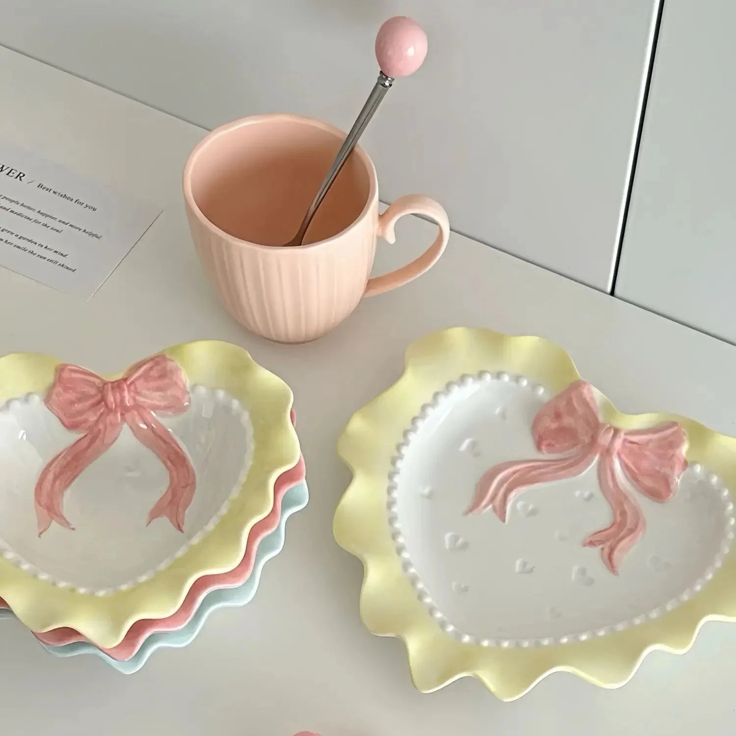 INS Wind Bowl Plate Cute Wave Edge Bow Knot Love Wave Dot Ceramic Lace Tableware Girl Heart Home Rice Bowl Plate Dessert Plate Good Vibrations