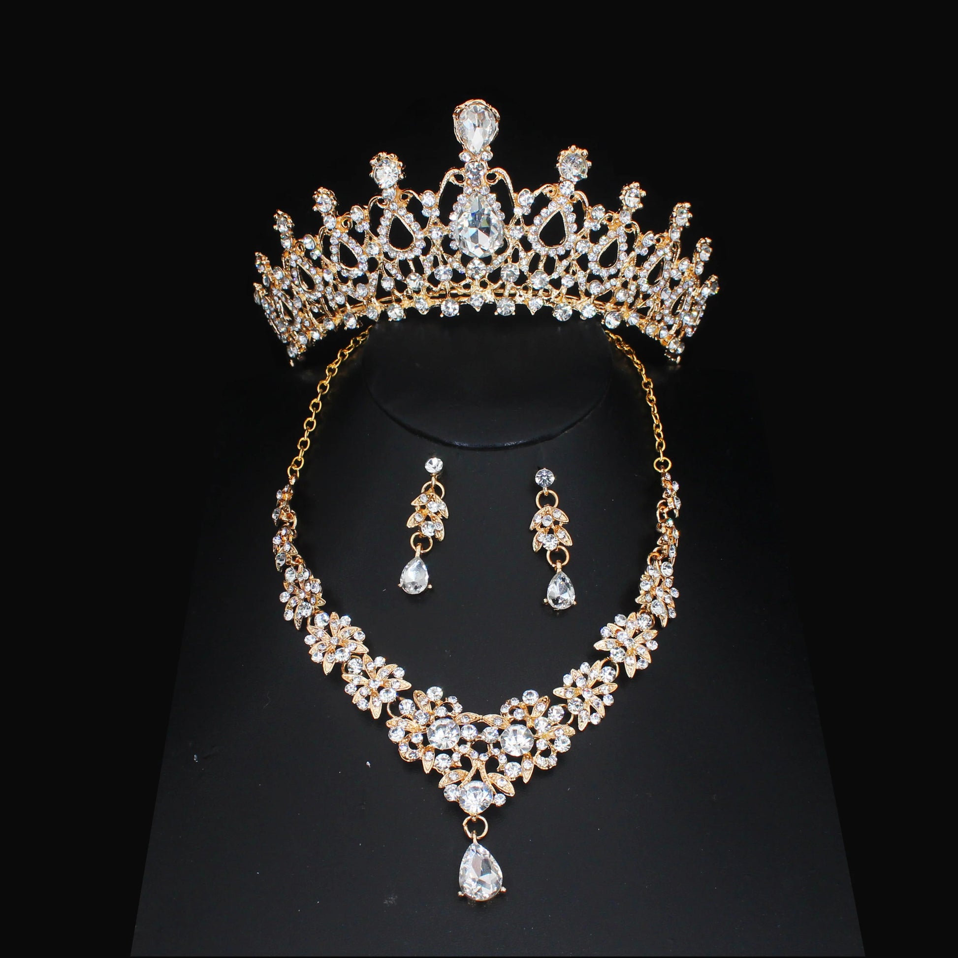 Luxury Crystal Wedding Bridal Jewelry Sets Women/Girl Gold Color Tiara/Crown Earrings Choker Necklace Bride Jewelry Set Good Vibrations Adult Super Store