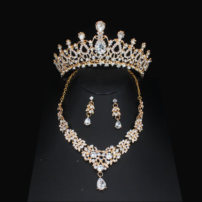 Luxury Crystal Wedding Bridal Jewelry Sets Women/Girl Gold Color Tiara/Crown Earrings Choker Necklace Bride Jewelry Set Good Vibrations Adult Super Store