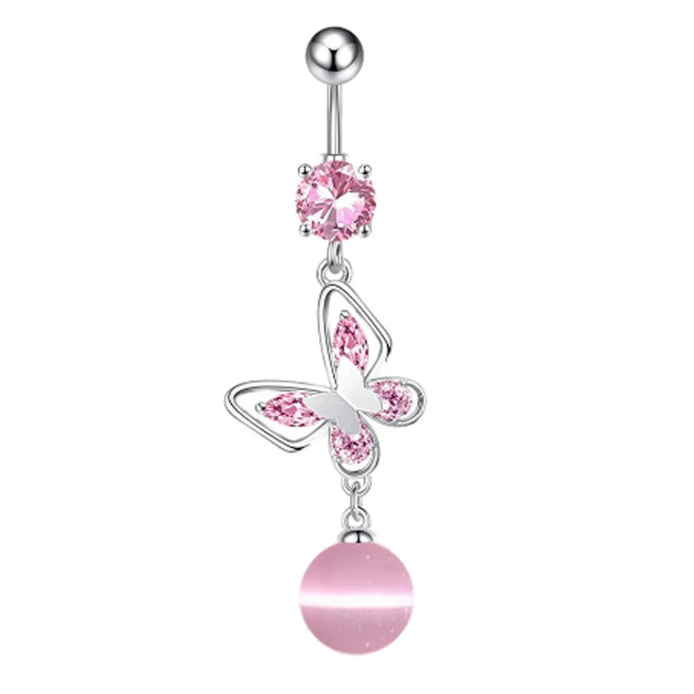 Fashion Pink Crystal Crown Belly Button Rings Stainless Steel Long Pendant Butterfly Heart Navel Piercing for Women Jewelry Good Vibrations Adult Super Store