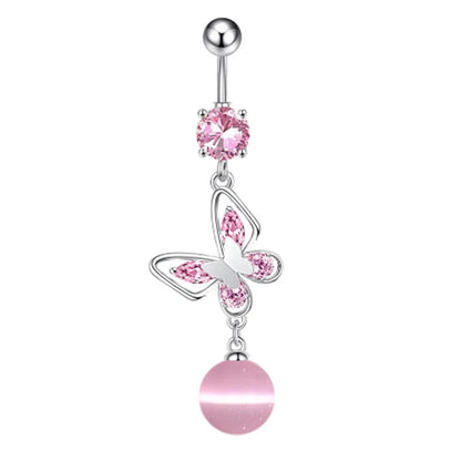 Fashion Pink Crystal Crown Belly Button Rings Stainless Steel Long Pendant Butterfly Heart Navel Piercing for Women Jewelry Good Vibrations Adult Super Store