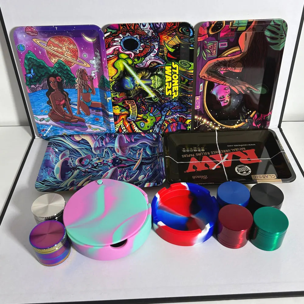 18cmx12.5cm Herb Tobacco Rolling Tray Set Silicone Ashtray Ash Tray 40mm Metal Herbal Grinder Kit Smoking Accessories Good Vibrations Adult Super Store