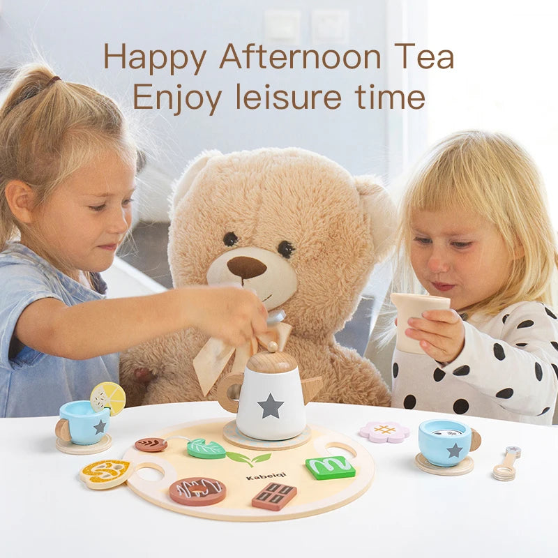 Wooden Kitchen Play Toys Kitchen Simulation Tea Set Afternoon Tea Activity Games Pretend Play Kitchen Accessories Toy for Kids Good Vibrations