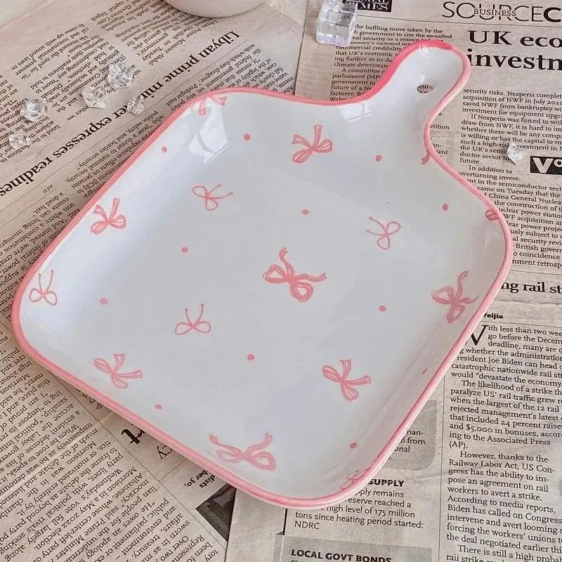 Pink Bow Ceramic Cutlery Set, Dessert Home Tableware Ceramic Handle Bowl Yogurt Cup High Value Breakfast Plate Drinkware Good Vibrations