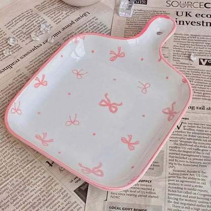 Pink Bow Ceramic Cutlery Set, Dessert Home Tableware Ceramic Handle Bowl Yogurt Cup High Value Breakfast Plate Drinkware Good Vibrations