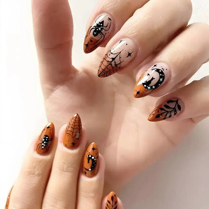 24Pcs Halloween False Nails with Almond Head Design Mid-length French Fake Nails Bat Wearable Oval Press on Nails Manicure Tools Good Vibrations