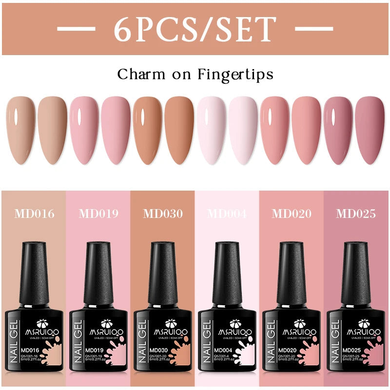 MSRUIOO 6pcs Nude Pink Gel Nail Polish Set Glitter Colorful Semi Permanent UV Gel Kits DIY Nail Art Painting Varnish Manicure Good Vibrations