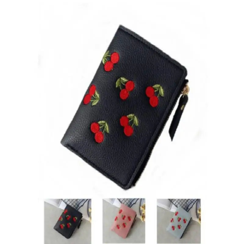 Women Vertical Buckle Cherry Embroidered Small Short Wallet Simple Wallet Girls Zipper Purse Good Vibrations