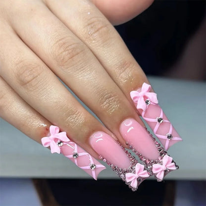 24Pcs Extra Long Square Fake Nail with Glue 3D Little Bear Bow Design False Nails White French Press on Nails Wearable Manicure Good Vibrations