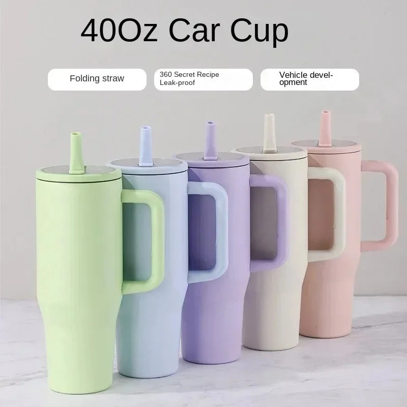 40oz Cross-border thermos cup 40oz double-layer ice cup leak-proof foldable straw cover convenient direct drinking mouth car cup Good Vibrations