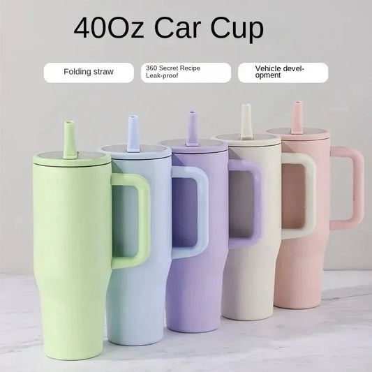 40oz Cross-border thermos cup 40oz double-layer ice cup leak-proof foldable straw cover convenient direct drinking mouth car cup Good Vibrations